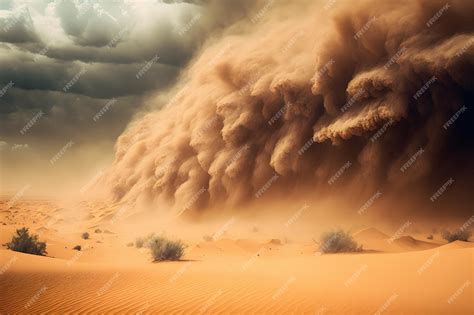 Premium Photo | Heavy sand and dust storm above desert land on hot ...