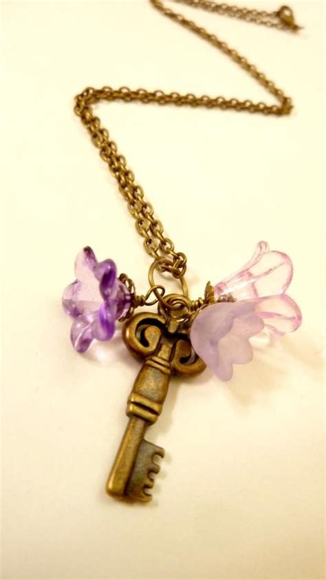 Key Necklace Vintage key charm pendant chain purple flower Key Necklace ...