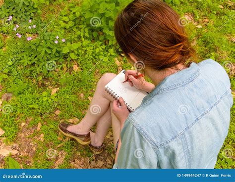 Young Woman Sketching Flowers in a Field Stock Image - Image of young ...