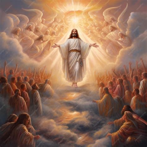 Premium AI Image | A jesus standing on a cloud with angels behind him