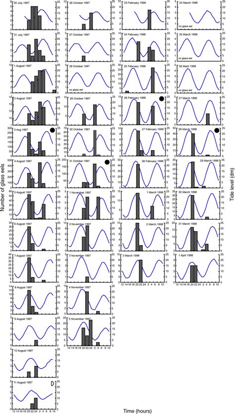 Tidal periodicity of the inshore migration of the glass eels. Daily ...