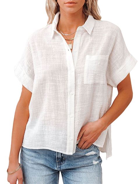 Women Short Sleeve Cotton and Linen Shirts V Neck Collared Button Down ...