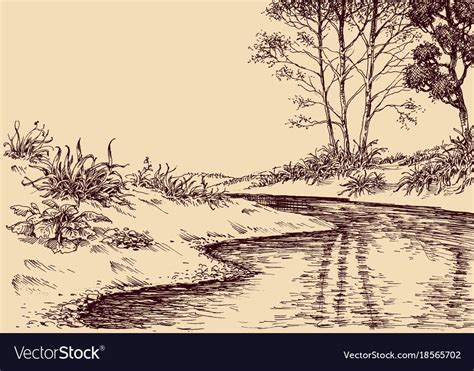 Landscape drawing. River flow and vegetation. Download a Free Preview ...