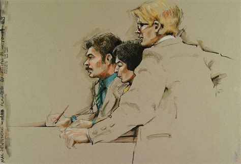 A courtroom sketch of an accused person flanked by two attorneys, drawn ...