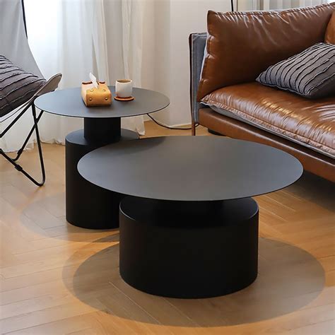 Black Round Coffee Table Metal Accent Table Set of 2-Homary | Table ...