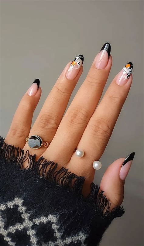 50 Cute Spooky Halloween Nail Ideas : Black Tip Nails with Spooky ...