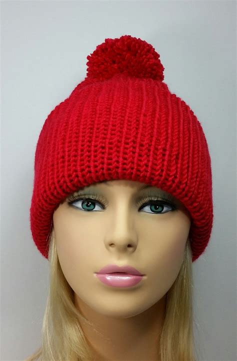 Womens Red Knit Beanie With Pom-pom Classic Knit Hat Ready to | Etsy ...