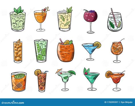 Alcohol Cocktails Big Set. Cartoon Flat Colorful Vector Illustration ...