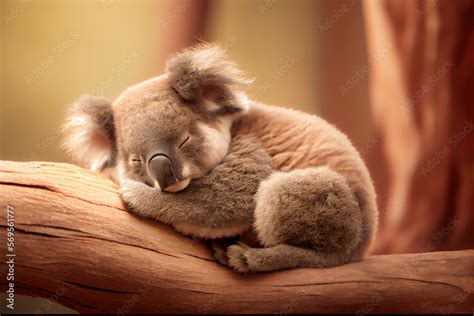 A baby koala bear sleeping in a tree, its arms hugging a branch while ...