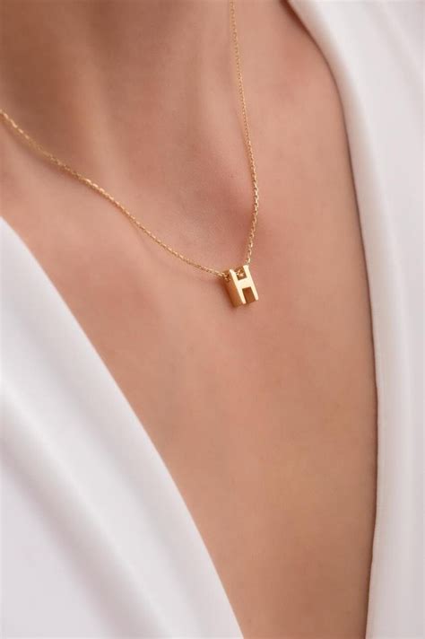 H Letter Necklace in 14k Solid Gold Minimalist Pendant Birthday Gift ...