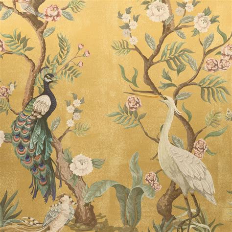 Gold Metallic Chinoiserie Cherry Blossom Bird Luxury Wallpaper Mural ...