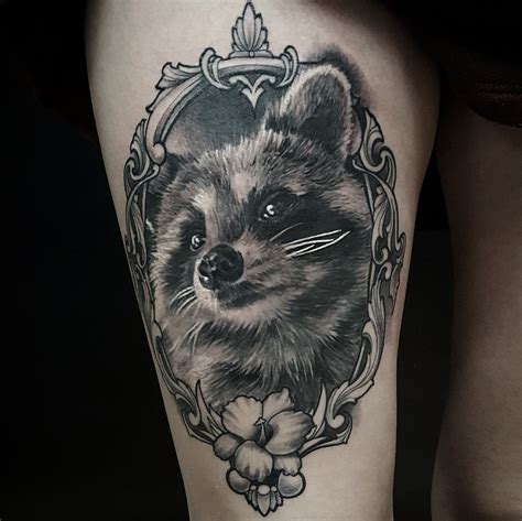 raccoon, thigh tattoo, tattoo for girl | Tattoos, Raccoon tattoo, Thigh ...