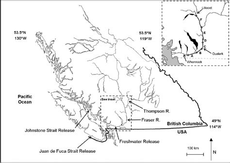 A map of the Fraser River watershed, British Columbia. Labels denote ...