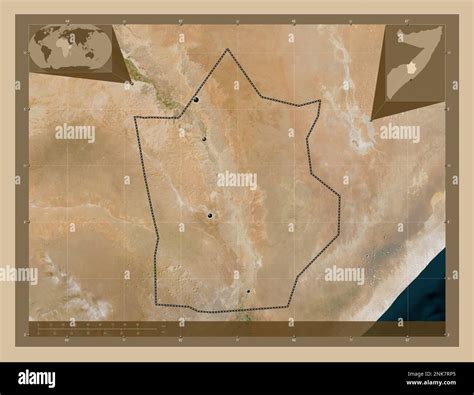 Hiiraan, region of Somalia. Low resolution satellite map. Locations of ...