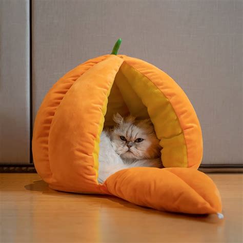 Pumpkin Hooded Dome Pet Bed Small Cat Cave Velvet in Orange in 2021 ...