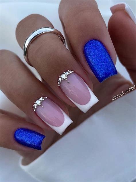 shimmery royal blue nails and white French tips Cobalt Blue Nails, Blue ...