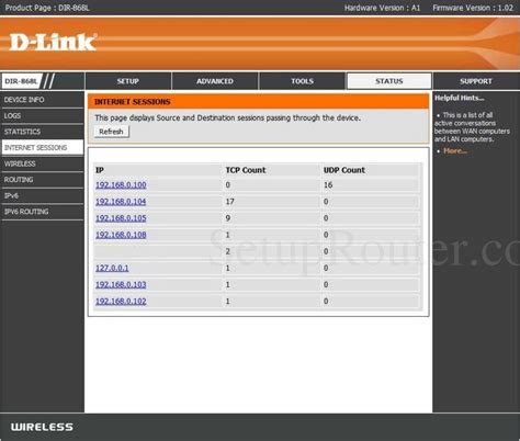 Dlink DIR-868L Screenshot InternetSessions