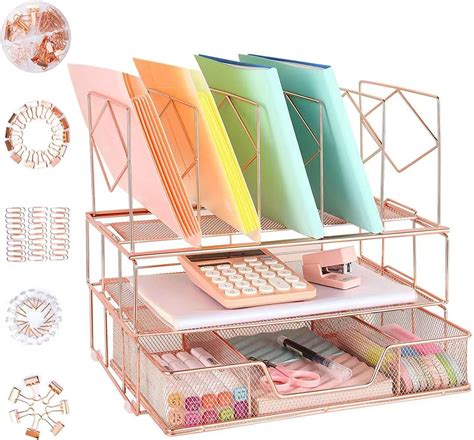 Youbetia Rose Gold Desk Organizers, All in One Desktop File Organizer ...