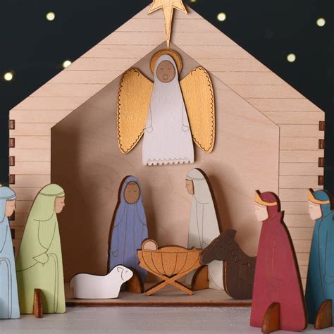 Wooden Hand Painted Christmas Crib Nativity Scene By Bombus