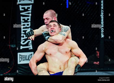 MMA cage fighter puts his opponent into a choke hold with his arm ...