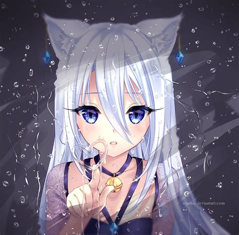 Wallpaper : anime girls, cat ears, cat eyes, white hair, water drops ...