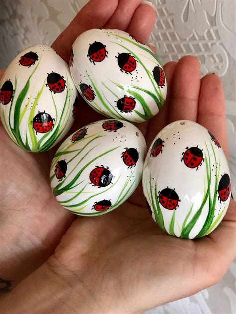 Set of 4 white Hand Decorated Painted Easter Egg with Ladybug | Etsy