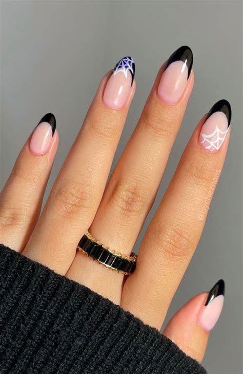 50 Cute Spooky Halloween Nail Ideas : Black French Almond Nails with ...