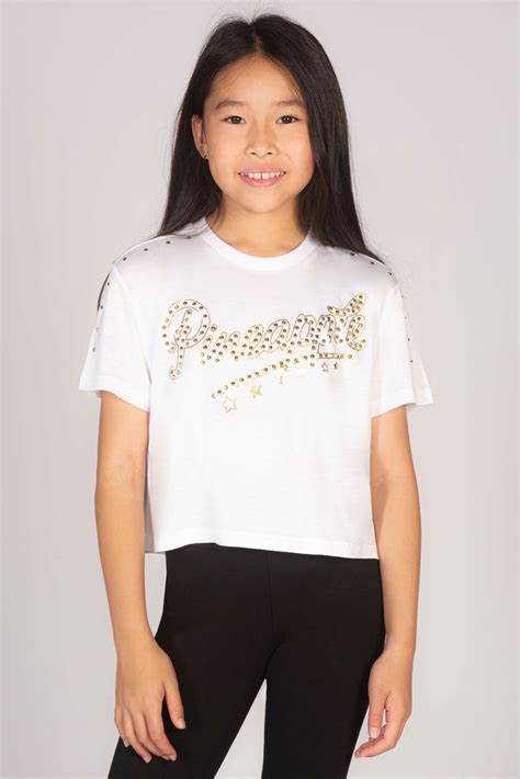 Girls' White Crop T-Shirt with Gold Stud Logo | Pineapple Dance Styles