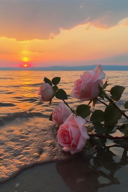 Premium AI Image | A beautiful sunset with pink roses floating in the ...