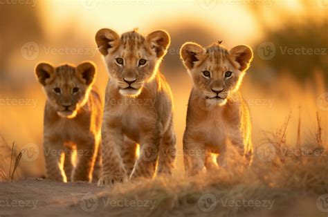 Lion cubs in the African savannah during the golden hour of the day. AI ...