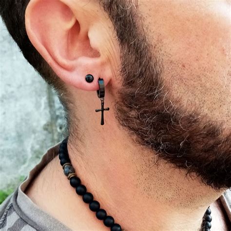 Black Hoop Earrings For Men With Cross