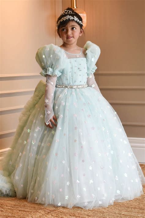 Buy Blue Net Embellished Star Motifs Ball Gown For Girls by FAYON KIDS ...