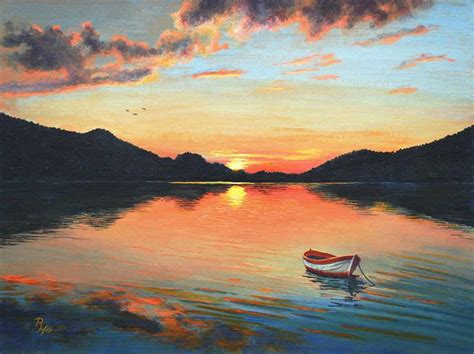 Sunset over a Mountain Lake – Acrylic Painting | Sunset landscape ...