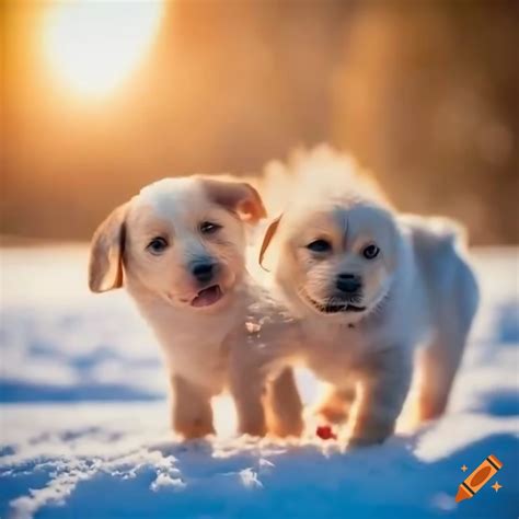 Adorable puppies playing in the snow