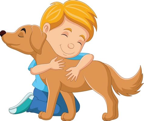 Premium Vector | Cartoon boy hugging his dog