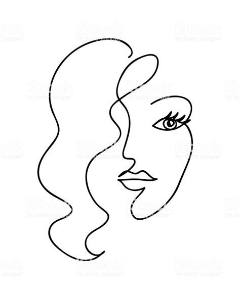 Abstract woman face with wavy hair. Black and white hand drawn line ...