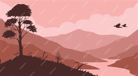 Premium Vector | Silhouette background natural landscape river between ...