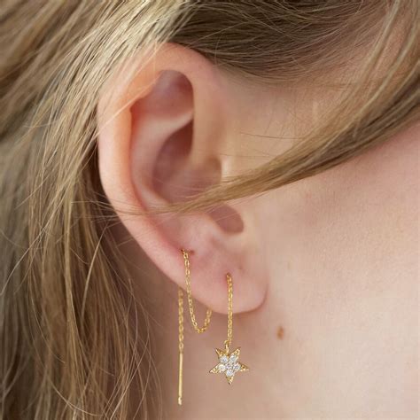 Thread Through Moon and Star Chain Earrings in Gold