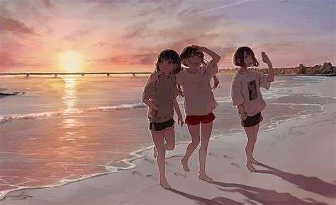 HD wallpaper: anime girls, original characters, sunset, beach ...