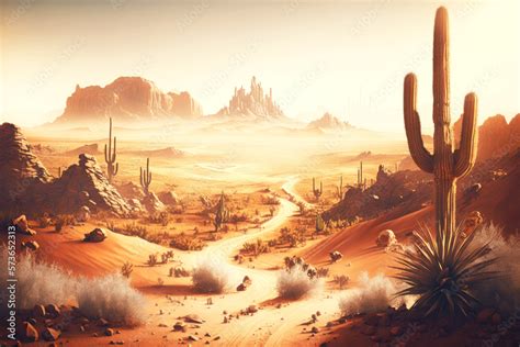 landscape of wild west with dusty desert landscape with cactus and sand ...