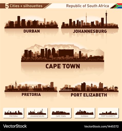 City skyline set 5 silhouettes of south africa Vector Image