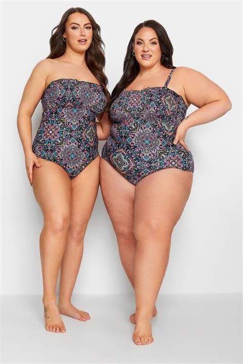 YOURS Plus Size Curve Black Aztec Print Shirred Tummy Control Swimsuit ...