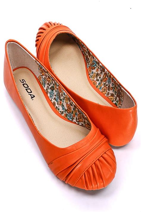 ORANGE FAUX LEATHER PLEATED DETAIL SLIP ON FLATS Leather Flats, Faux ...