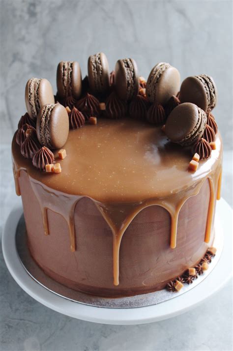 Decadent Chocolate Fudge and Salted Caramel Cake with Macarons