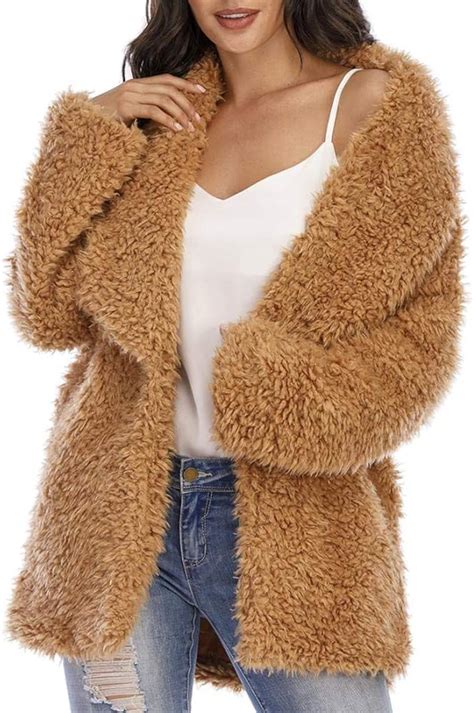 Women's Fuzzy Fleece Jacket Lapel Open Front Long Jackets Faux Fur ...