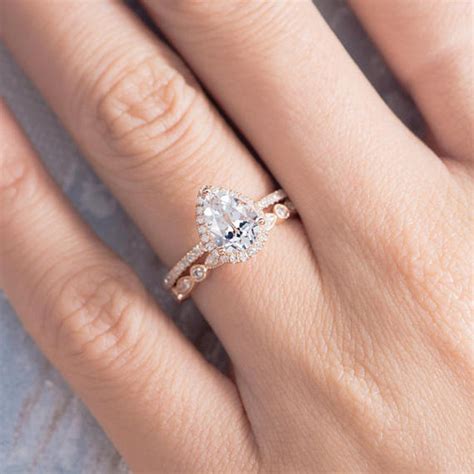 Pear Shaped Engagement Ring Wedding Band Women Set Rose Gold White ...