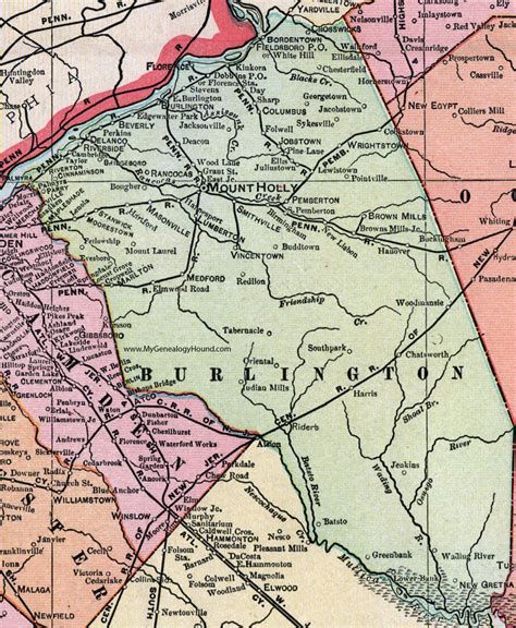 Burlington County, New Jersey, Map, 1905, Cram, Mount Holly, Palmyra ...