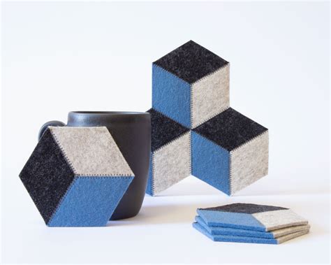 Set of light blue and gray felt coasters - hexagonal - made in Italy