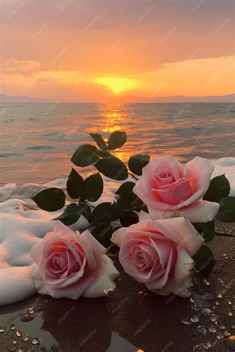 Premium AI Image | A sunset with pink roses on the beach