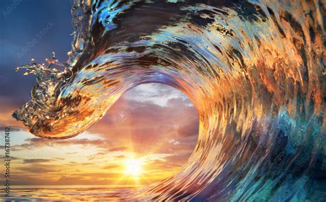 Colorful Ocean Wave. Sea water in crest shape. Sunset light and ...